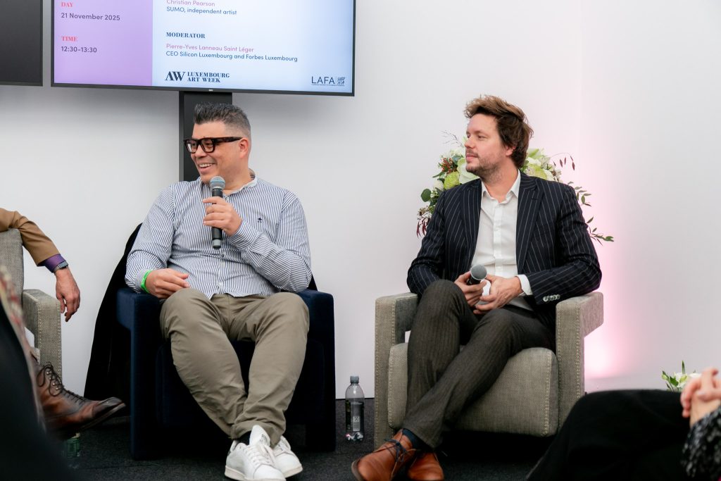 (From left to right: Street artist Sumo and lawyer Harry Lars Ghillemyn during Art Talks at LAW 2025 © Stephanie Jabardo / Forbes Luxembourg)