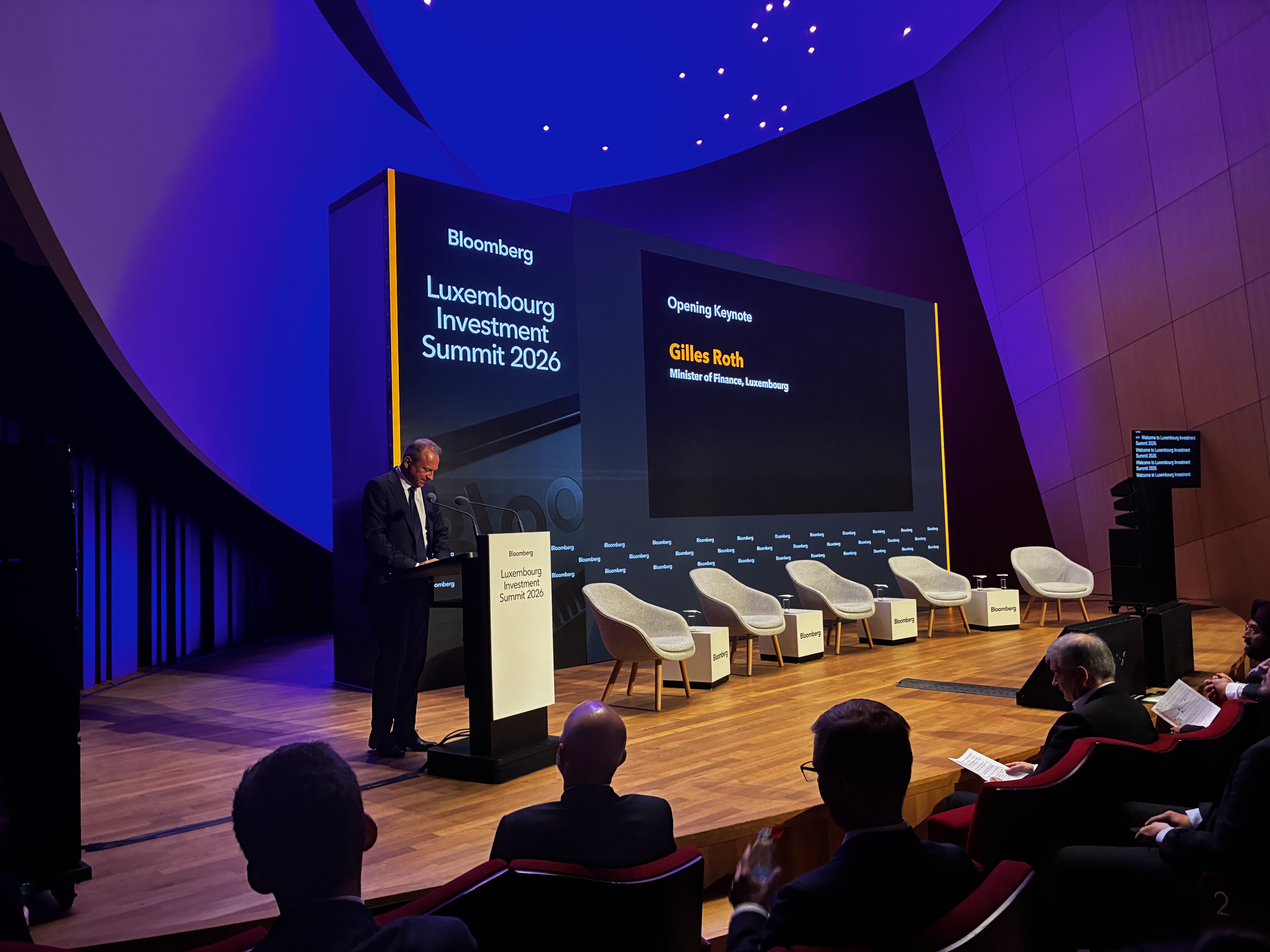 (Minister of Finance, Gilles Roth, opening keynote at the Bloomberg Luxembourg Investment Summit 2026. Photo © Forbes Luxembourg)
